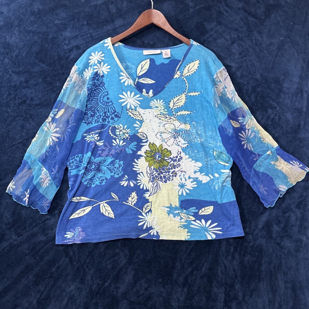Vintage Tantrums Artsy Print Top Size XXL Blue Colorful Fantasy Fairy Blouse